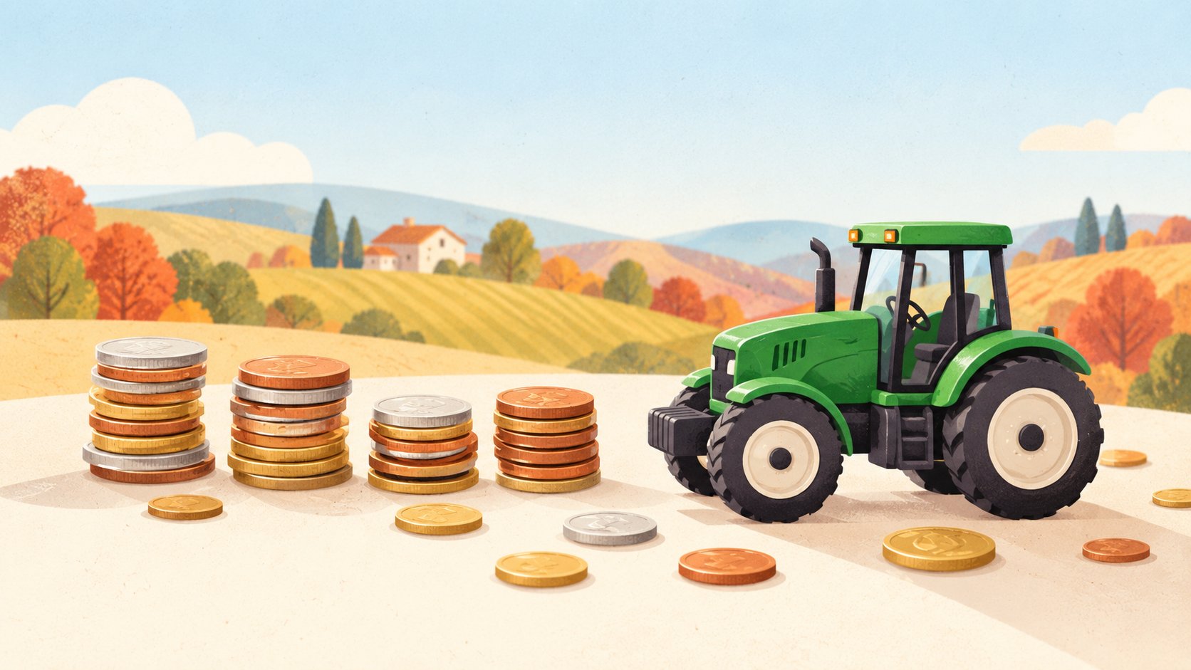 Illustration d\'un tracteur et de piles de pièces de monnaie dans un paysage agricole